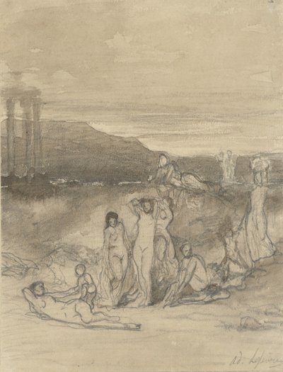 Paysage classique avec figures nues allongées, debout et assises et une ruine de temple - Adolphe René Lefèvre