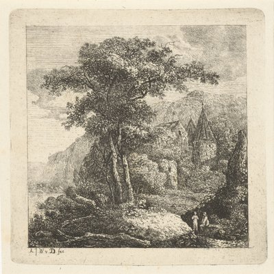 Paysage montagneux avec arbres, château et deux figures - Adriaan Jacob Willem van Dielen