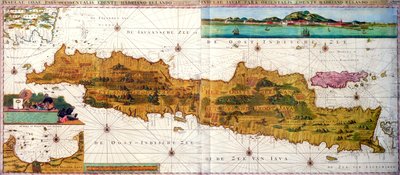 Insulae lavae, une grande carte pliable de Java avec deux encarts représentant des vues de Batavia (Jakarta) Néerlandais, publié par Gerard van Keulen, Amsterdam, c.1715 - Adriaan Reland