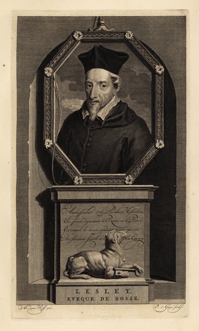 John Lesley, historien écossais et évêque de Ross. Évêque de Rosse. Chien avec clé. Gravure sur cuivre par Pieter Stevens van Gunst d