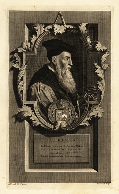 Portrait de Stephen Gardiner, évêque de Winchester et politicien. Avec armoiries. Gravure sur cuivre par Pieter Stevens van Gunst d