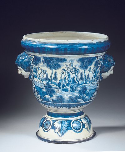 Grande urne de jardin mythologique en Delft bleu et blanc dans le style baroque, vers 1700 - Adriaen (fl.1868 d.1701) (attr.to) Kocks