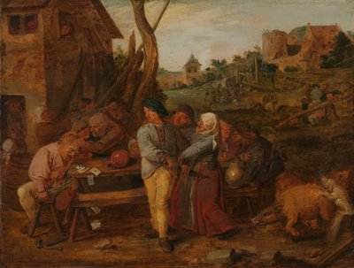 Combat de cartes devant une taverne de campagne - Adriaen Brouwer