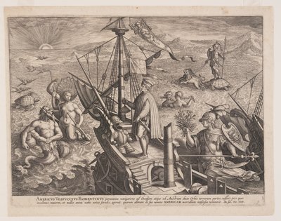 Amerigo Vespucci sur son navire, extrait de Americae Retectio (La découverte de l