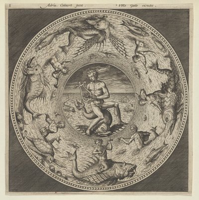 Conception pour une assiette avec Arion chevauchant un dauphin dans un médaillon bordé de monstres marins - Adriaen Collaert