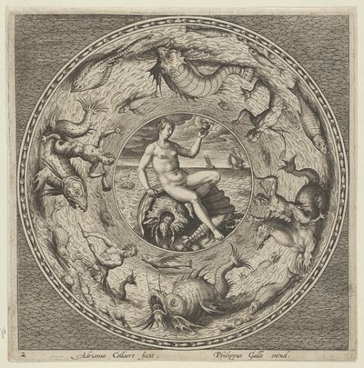 Design pour une assiette avec Thétis sur une coquille dans un médaillon bordé de monstres marins, vers 1600 - Adriaen Collaert