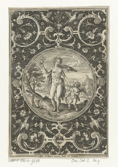 Médaillon avec Vénus et Amour dans un cadre de grotesques avec fleurs, guirlandes, animaux et mascarons (Médaillons avec des figures du Jugement de Paris) - Adriaen Collaert