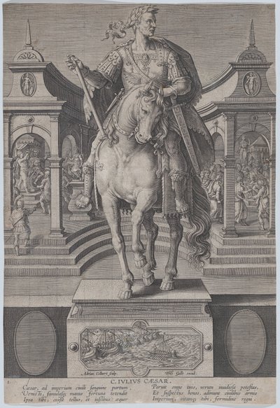 Planche 1 : statue équestre de Jules César, vue de face, avec une scène de..., vers 1587-89 - Adriaen Collaert