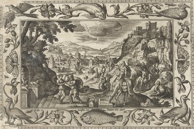 Rébecca et Éliézer au puits (Paysages avec scènes bibliques, mythologiques et de chasse) - Adriaen Collaert