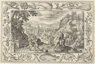 Rébecca et Éliézer au puits (série: Paysages avec scènes bibliques, mythologiques et de chasse) - Adriaen Collaert