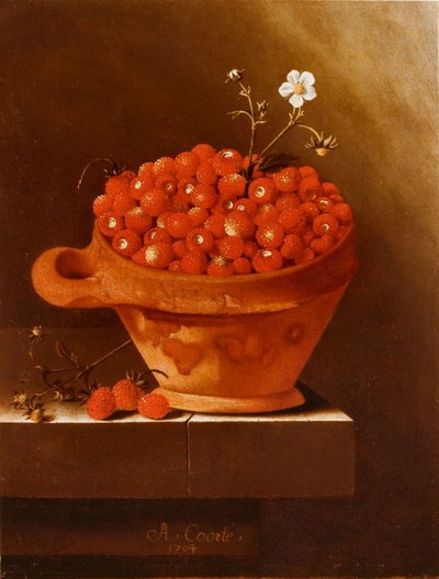 Coupe en faïence avec des fraises sur un socle en pierre - Adrian Coorte
