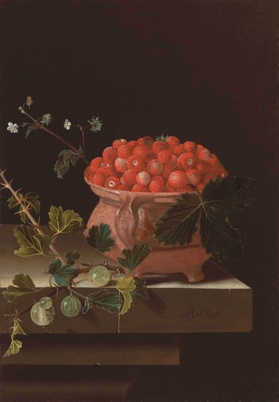Nature morte avec pot de fraises et branche de groseilles à maquereau - Adrian Coorte