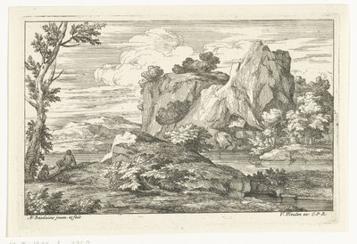 Paysage avec un grand rocher près d
