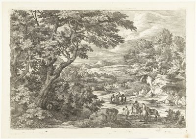Paysage avec chasseurs rentrant chez eux, un château au loin - Adriaen Frans Boudewyns