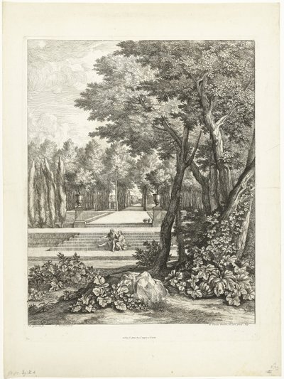 Paysage avec couple assis sur un escalier dans le jardin - Adriaen Frans Boudewyns
