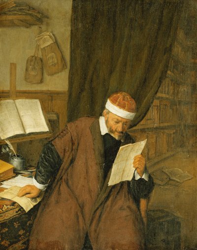 Un avocat assis à un bureau lisant une lettre, une bibliothèque au-delà, 1668 - Adriaen Jansz. van Ostade