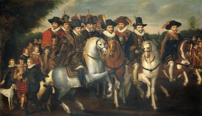 Le prince Maurice accompagné de ses deux frères, Frédéric V, électeur palatin, et des comtes de Nassau à cheval - Adriaen Pietersz van de Venne (follower of)