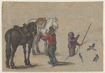 Homme tenant deux chevaux et un homme près des oiseaux - Adriaen Pietersz van de Venne (possibly)