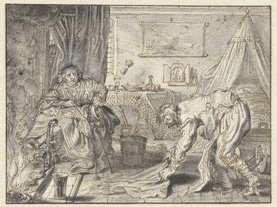 Homme nettoyant le sol pendant que sa femme est assise près de la cheminée - Adriaen Pietersz van de Venne