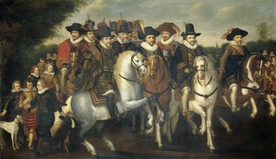 Le prince Maurice accompagné de ses deux frères, Frédéric V, électeur palatin, et des comtes de Nassau à cheval, vers 1625 - Adriaen Pietersz van de Venne