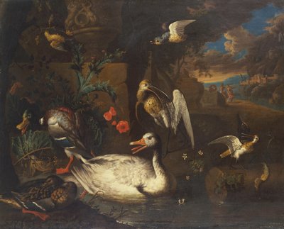 Oiseaux sauvages dans un paysage avec des figures - Adriaen van Oolen