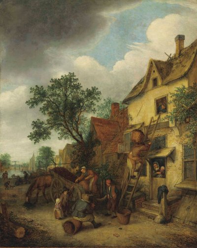 Allemand : Bauern beim Torfabladen Villageois transportant de la tourbe dans une maison - Adriaen van Ostade