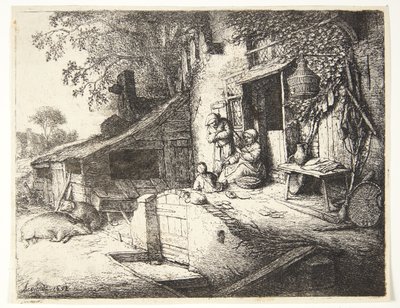 Femme filant devant une maison de paysan - Adriaen van Ostade