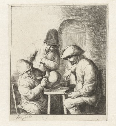 Homme regardant dans une cruche vide, deux hommes regardant (La cruche vide) - Adriaen van Ostade