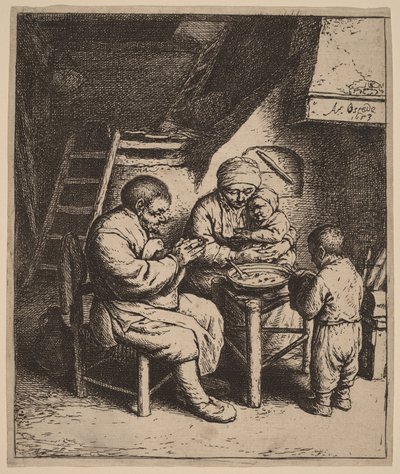 Famille paysanne priant avant le repas - Adriaen van Ostade