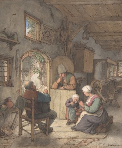 Lecture des nouvelles au cottage des tisserands, 1673 - Adriaen van Ostade