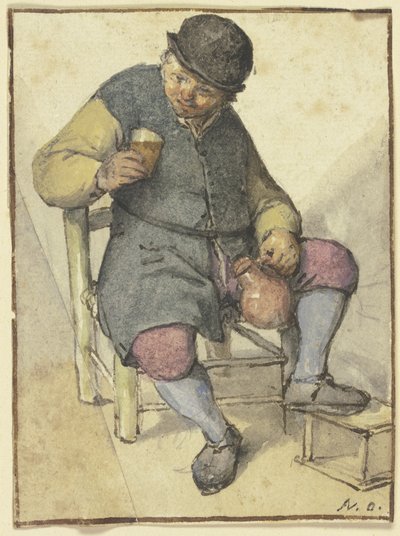 Paysan assis, vu de face, avec une cruche et un verre - Adriaen van Ostade