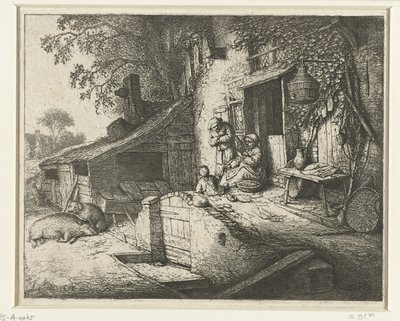 Femme filant devant une maison - Adriaen van Ostade
