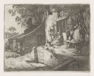 Femme filant devant une maison - Adriaen van Ostade