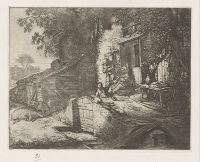 Femme filant devant une maison - Adriaen van Ostade