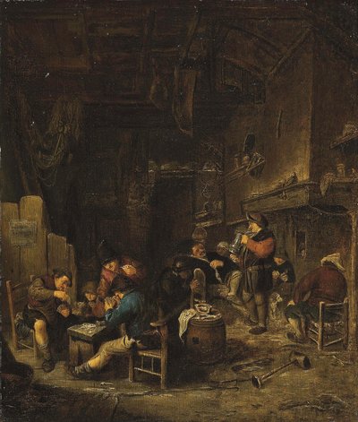 Intérieur de taverne avec des paysans jouant aux cartes, fumant et buvant - Adriaen van Ostade