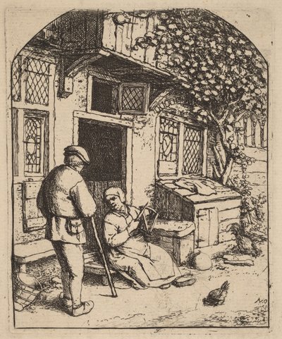 Deux paysans devant une maison, la femme pelotonne de la laine - Adriaen van Ostade