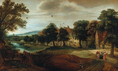 Paysage fluvial boisé avec bâtiments de village et Abraham et les Trois Anges - Adriaen van Stalbemt