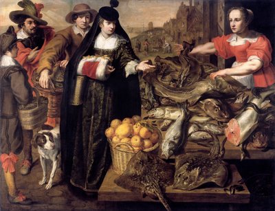 Une dame au marché aux poissons à Anvers - Adriaen van Utrecht