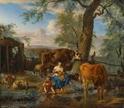 Bovins avec femme allaitante et enfant jouant avec un chien - Adriaen van de Velde