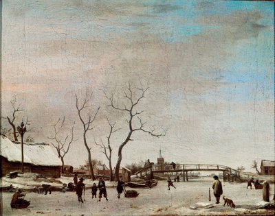 Rivière gelée avec patineurs. Peinture d