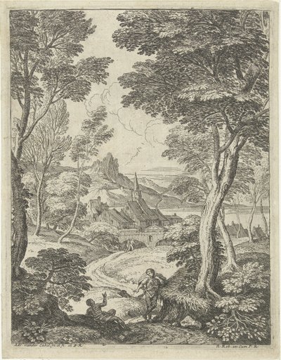 Paysage avec une tour pointue (Landschappen met schaapsherders) - Adriaen van der Kabel