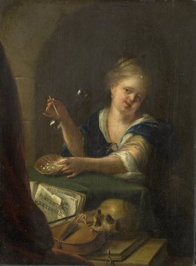 Fille soufflant des bulles avec une nature morte de vanité - Adriaen van der Werff (manner of)