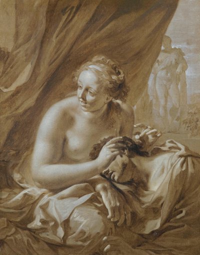 Alors que Samson dort sur les genoux de Dalila, celle-ci fait signe à ses ennemis de s
