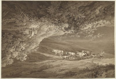 Un paysage avec un troupeau de vaches et de chèvres, surmonté d