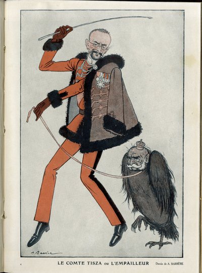 Illustration de A Barrere (1874-1931) dans "Fantasio", 01/04/15 - Comte Tisza ou le bourreur - Guerre de 14-18, Autriche, Hongrie - Aigle, François-Joseph 1er d
