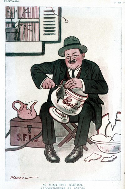 M. Vincent Auriol, Cartel Raccommodeur : dessin humoristique sur Vincent Auriol (1884-1938), sur la SFIO et le Cartel des gauches. Dessin de A. Barrere - dans « Fantasio » du 15/02/1929. - Adrien Barrere