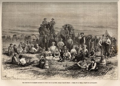 Une caravane de néophytes mormons en route vers le lac Salé, dans son camp dans le désert, gravure d