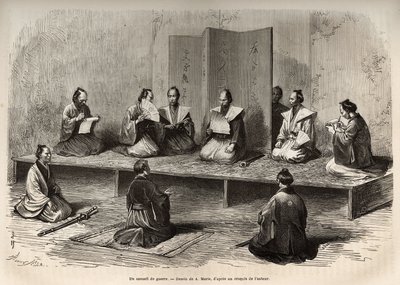 Conseil de guerre à Edo (Tokyo actuel), réunissant les officiers du taicoun (chef du pouvoir temporel) pour faire face à une insurrection des daimyos (noblesse japonaise) juste avant la restauration Meiji (1868), gravure d