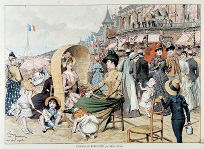 Une plage élégante. Dames charmantes avec leurs enfants parmi une foule s