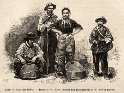 Avant le commerce des moutons, tout le personnel de la ferme était employé à cette tâche, garçon, serviteur, sous la supervision du berger, le lait était collecté dans les seilles (vase métallique étamé), gravure d
